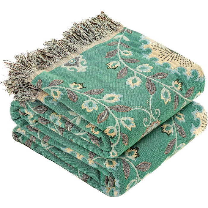 HOORDRY Reversible Boho Daybed Cover with Tassels, 230x250CM, 100% Cotton Woven Throw Blanket, Couch Throw, Living Room Throw, Reversible Throw, Cozy Blanket, Sofa Blanket, Armchair Blanket with Pattern, Sunflowers, Green/Beige Sunflower 230×250CM