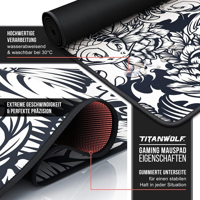 Ігровий килимок для миші TITANWOLF XXL Speed Gaming Mousepad, 900x400мм, чорний, дизайн Koi — великий килимок на весь стіл для підвищення точності та швидкості