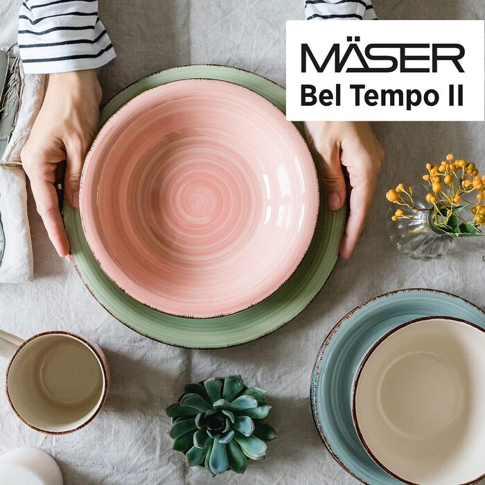 MÄSER 931951 Bel Tempo II, 12-piece tableware set for 6 people with a modern vintage look, hand-painted in the Berry purple hue, stoneware.