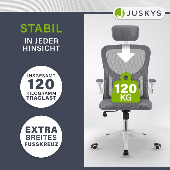 Офісний стілець Juskys Baltimore з роликами та підлокітниками - ергономічний, регульований по висоті - для кабінету, поворотний - сірий