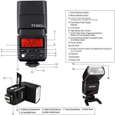 Спалах Godox TT350O для Canon - TTL, 2.4G, HSS 1/8000s, GN36, сумісний з 6D, 7D, 50D, 60D, 500D, 550D, 600D, 650D, 1000D, 1100D, 1DX, 580EX II, 5D Mark II III