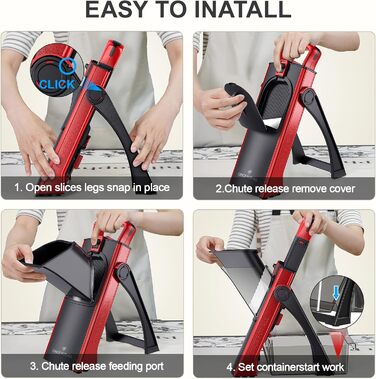 Мандоліна слайсер ONCE FOR ALL Upgrade Safe: великий, регульований подрібнювач овочів та продуктів, для нарізки картоплі фрі, знімні леза (червоний/чорний)