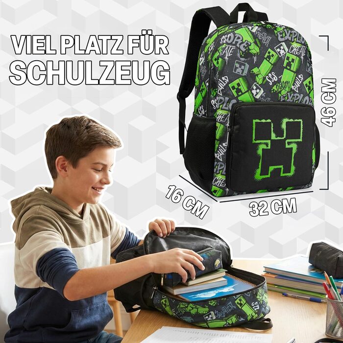 Дитячий рюкзак Minecraft Creeper для хлопчиків, шкільний рюкзак для спорту та прогулянок з відділеннями на блимавці, чорний, 40 x 29 x 17 см