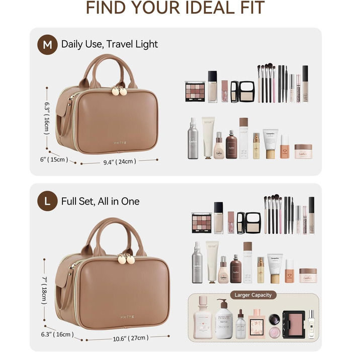 Косметичка для макіяжу велика містка з водонепроникним покриттям та ручкою (Колір: Коричневий, Комплект L-Full)