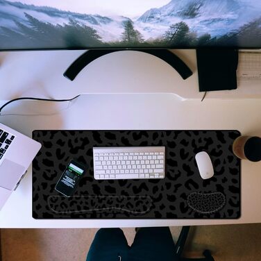 Килимок для миші 3-в-1 з підставкою для зап'ястя та клавіатури, 80x40 см, антиковзаюча основа, чорний леопардовий принт, для геймерів, дому та офісу
