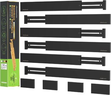 ANTOWIN 10 Pcs Adjustable Drawer Dividers Bamboo, Drawer Organizer, Spring-loaded, Kitchen, Dresser, Bathroom, Bedroom, Baby Drawer, Desk Organization System (Black)