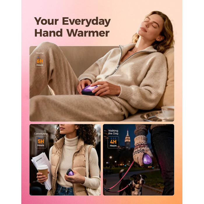 Електричні грілки для рук OCOOPA 2 шт. - стильні, у формі діаманта з магнітом, акумуляторні, для жінок, подарунок, Raynaud, піші прогулянки, кемпінг, лавандовий колір