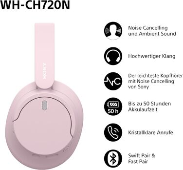 Бездротові Bluetooth-навушники Sony WH-CH720N з активним шумозаглушенням, до 50 годин автономної роботи, рожеві