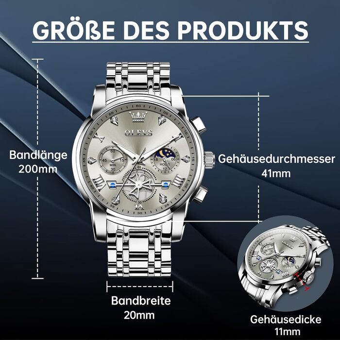 Годинник чоловічий OLEVS Chronograph, водонепроникний, кварцовий, аналоговий, з нержавіючої сталі, великий циферблат, сірий циферблат, срібний браслет