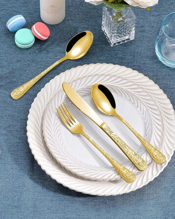Набір столових приборів 24 предмети в золотистому вінтажному стилі для 6 осіб, нержавіюча сталь, з гравіюванням, високоякісне полірування