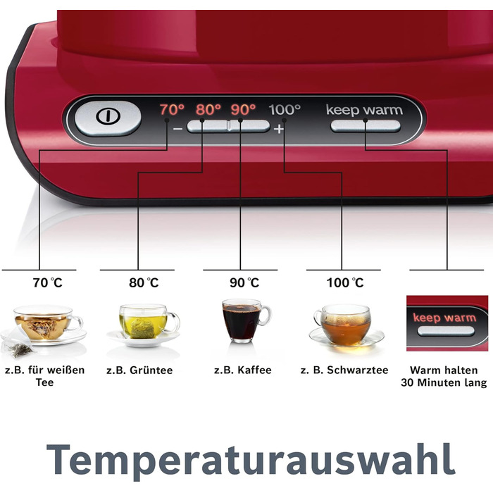 Bosch Kettle Styline TWK8614P, automatic shut-off, overheat protection, temperature selection, keep-warm function, 1.5 L, 2400 W, red
