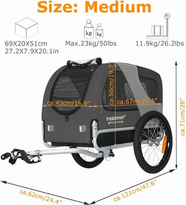 DOGGYHUT® Преміум велосипедний причіп для собак середнього розміру до 23 кг, складаний (сірий)