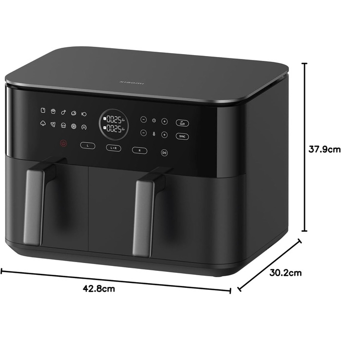 Фритюрниця Xiaomi Dual Zone 10л, 2 камери (3.5л + 6.5л), 230°C, синхронізація, 9 режимів, 2700W, без олії, сенсорне управління, чорна