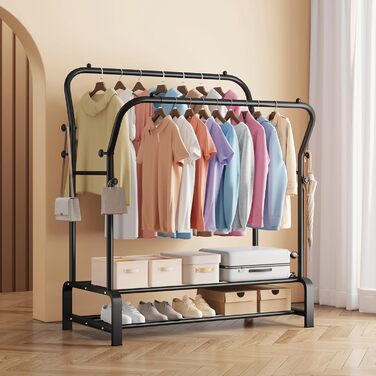 Вішалка для одягу металева подвійна Stabil з 8 гачками та 2 полицями для взуття, чорна – функціональна стійка для спальні