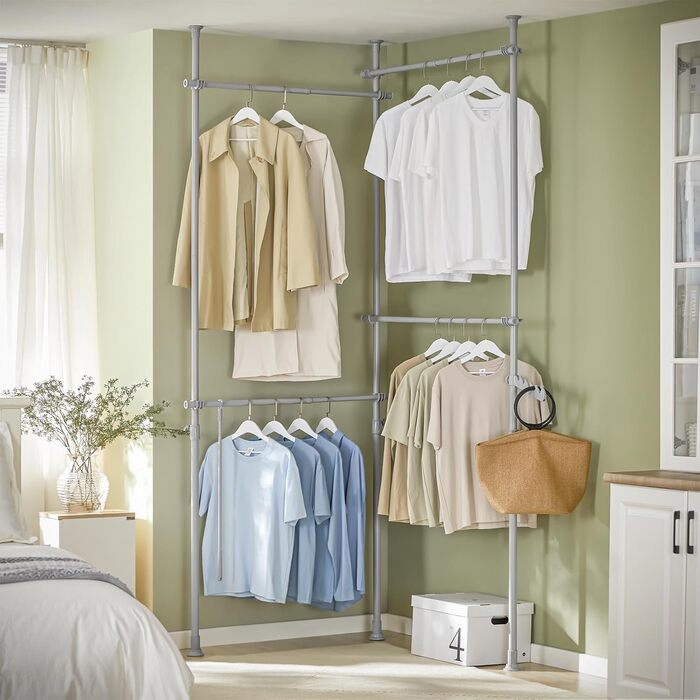 SoBuy KLS03-SCH Clothes Rack Coat Rack with 4 Clothes Rails Telescopic Wardrobe System Adjustable Shelf System Bra Approx. 124-226x200-285cm (Light Grey)
