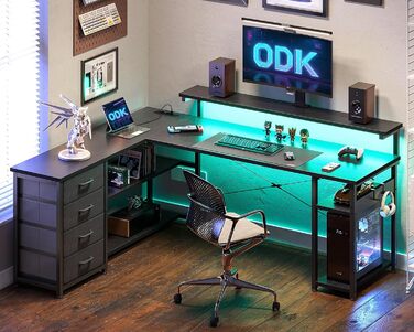 Письмовий стіл ODK з шухлядами, кутовий, реверсивний, з LED-підсвіткою, 2 розетками та 2 USB, для домашнього офісу, чорний, 155×110 см