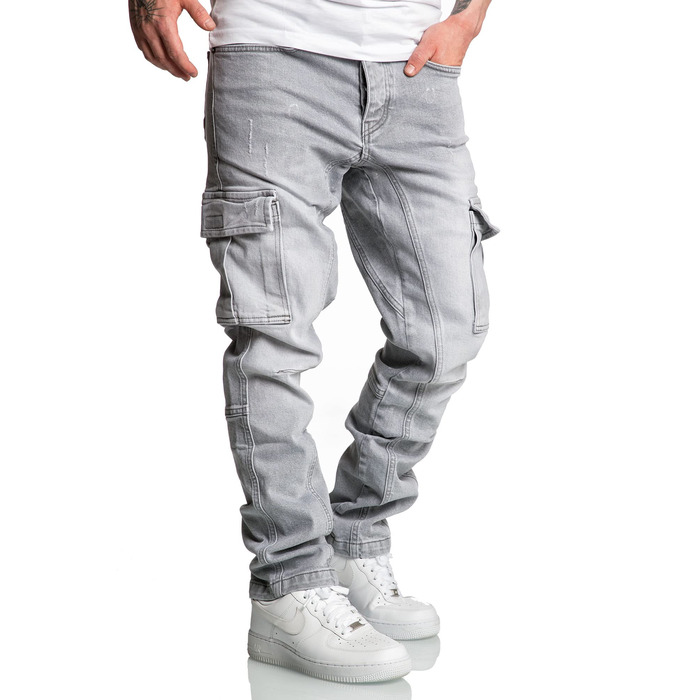 Чоловічі джинси карго Amaci&Sons Regular Slim 7977 (30W/30L, світло-сірі, з потертостями)