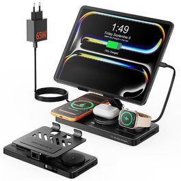 Зарядна станція GEEKERA 4-в-1 для Apple: магнітне індуктивне зарядне для iPhone, iPad, Apple Watch та AirPods, вбудований кабель, металевий чорний