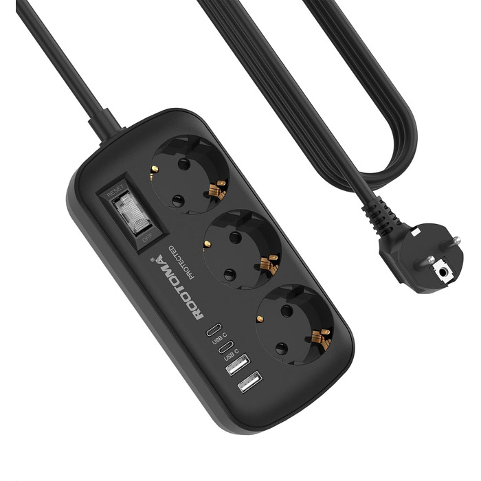 Многорозеткова станція з захистом від перенапруги, 3 розетки, 4 USB (2 USB-C), вимикач, кабель 1,5м, для дому/офісу, білий/чорний