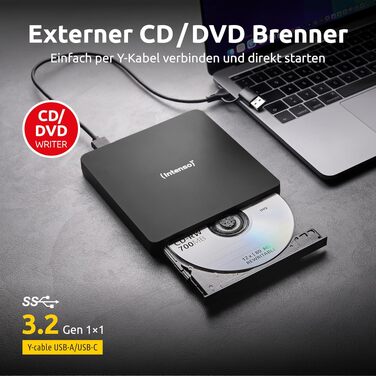 Зовнішній CD/DVD привід-записувач Intenso EOD 400D Slim, USB 3.2 (USB-C та USB-A), для ноутбуків та ПК, Windows та MacOS, чорний
