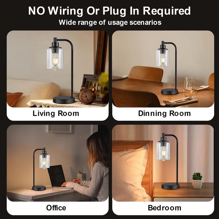 Акумуляторна настільна лампа бездротова з пультом, сенсорне регулювання яскравості, скляний плафон, нічник для спальні та вітальні, чорна