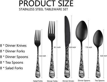 Набір столових приборів XIAOYU з дизайном черепа, готичний, 40 предметів, нержавіюча сталь, для 4 осіб. Хелловінський набір (Череп, квіти)