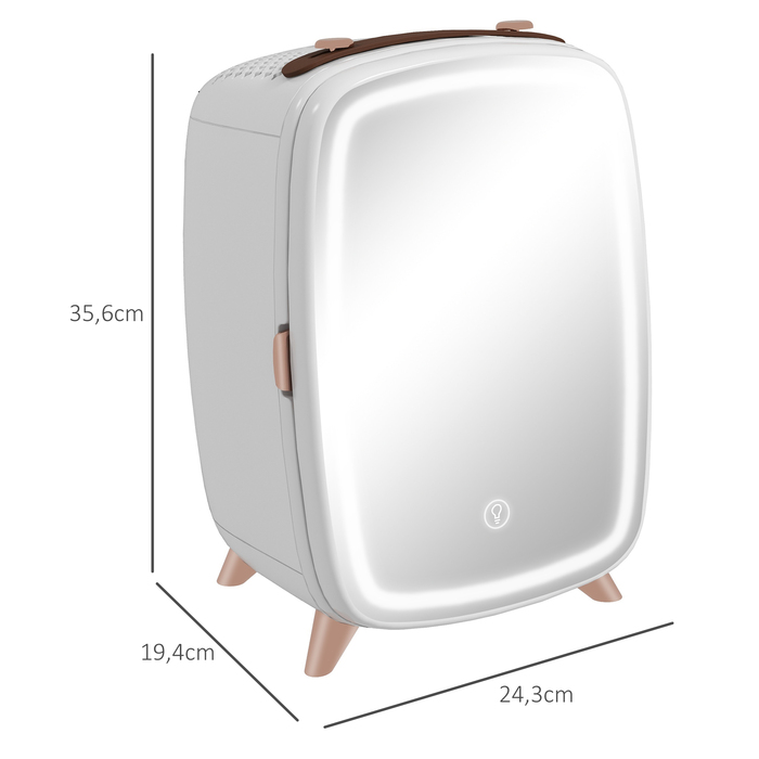 HOMCOM Portable Mini Fridge for Cosmetics, Drinks, and Snacks - Compact Design with Illuminated Mirror, Quiet Operation, 6L Capacity, White