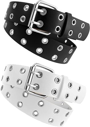 Двокольоровий ремінь з двома отворами, шкіряний ремінь для джинсів у стилі панк, хіп-хоп, косплей, для джинсів, штанів, готичного стилю, рок-одягу, для жінок та чоловіків, чорний, білий