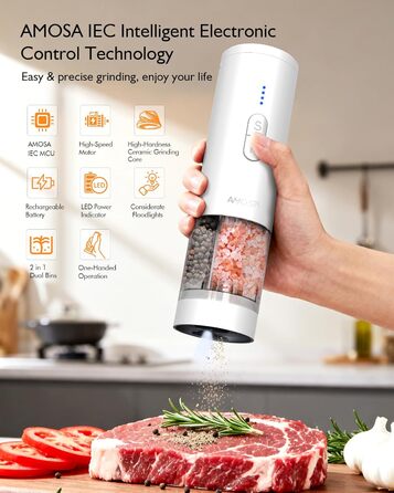 Електрична млин для солі та перцю AMOSA 2-в-1 USB, біла, з LED підсвіткою та регульованим помелом