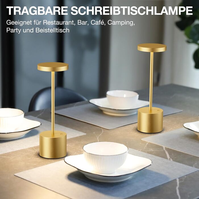 LED настільна лампа бездротова, акумуляторна, торшери з сенсорним керуванням, диммування, 3 колірні температури, регулювання яскравості, для спальні, кафе, чорний колір, 1 шт. (золота)