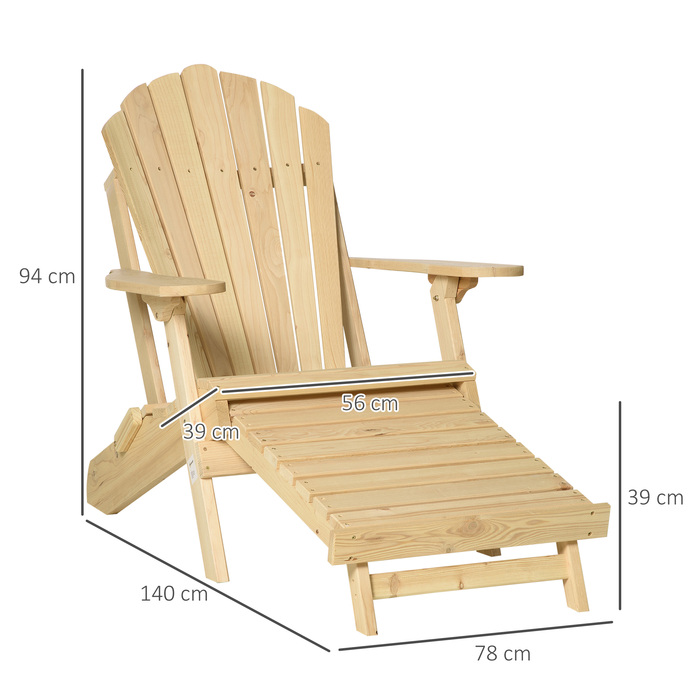 Розкладний садовий стілець Adirondack Outsunny з підніжкою 78 x 140 x 94 см з соснового дерева, зручний шезлонг для саду та вуличних меблів