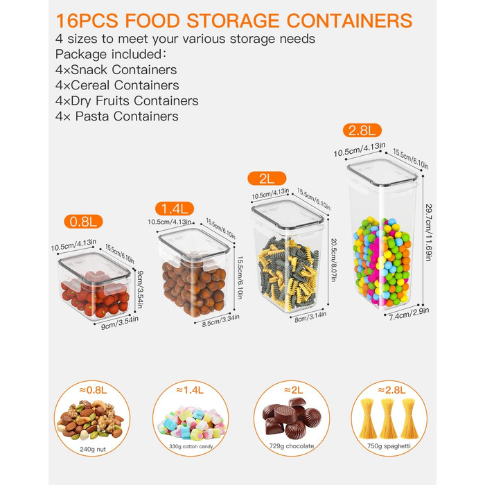 Набір контейнерів для зберігання продуктів Vorratsdosen 16 шт. з кришкою, набір для кухні, герметичні контейнери для спагеті, борошна, мюслі
