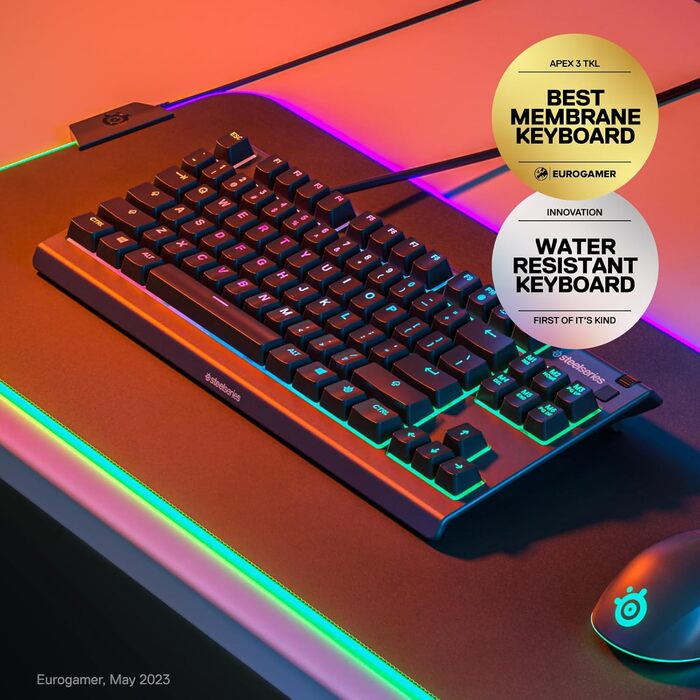 Клавіатура SteelSeries Apex 3 TKL RGB для геймінгу: компактний форм-фактор TKL, RGB підсвічування, захист від води та пилу, тихі перемикачі, Anti-Ghosting