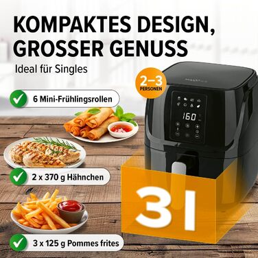 MAXXMEE Цифрова аерофритюрниця 3 л, 1300 Вт, 8 програм, гриль, конвекційна піч, таймер, багатофункціональна (фритюрниця, гриль, випічка, розморожування, підігрів, збереження тепла)
