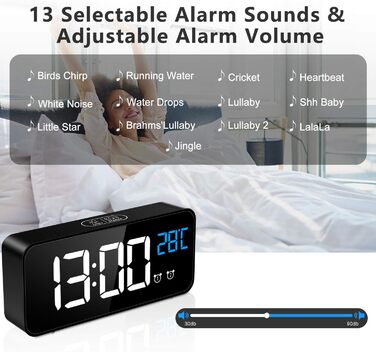 Цифровий годинник MOSUO з LED-дисплеєм, USB-зарядка, показник температури, голосове керування, 2 будильники, відкладений сигнал, регулювання яскравості та гучності (Чорний)