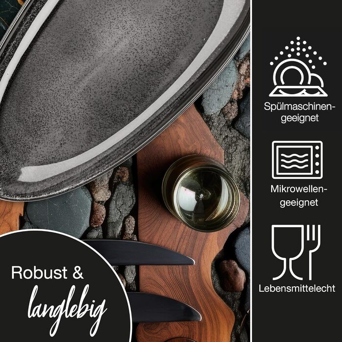 Набір сервірувальних тарілок Moritz & Moritz VIDA, антрацит (2 шт.) - великі тарілки з високоякісного порцеляну, сучасний дизайн, підходить для мікрохвильової печі та посудомийної машини, ідеально для салатів, м'яса на грилі, закусок та іншого