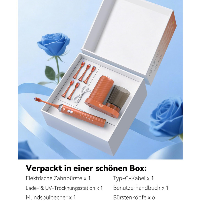 Електрична звукова зубна щітка JTF з УФ-дезінфекцією та сушінням, бездротова зарядка, 5 режимів чищення, 6 насадок, стаканчик для полоскання, акумуляторна для дому та подорожей (Помаранчева)