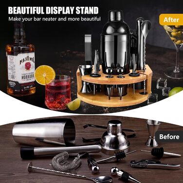 Набір для приготування коктейлів, 12 предметів, нержавіюча сталь, 750 мл, з дерев'яною підставкою та книгою рецептів