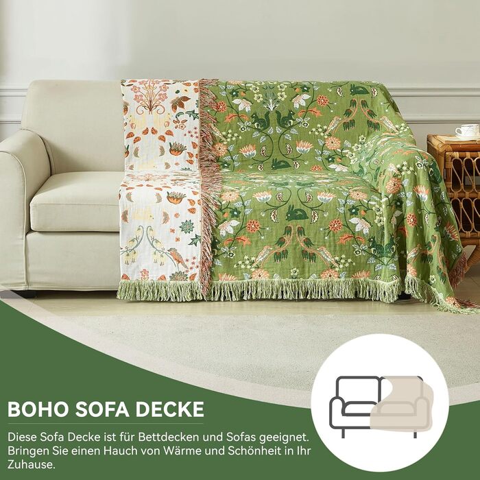 Покривало Bailix Premium Boho з 100% бавовни муслін, двосторонній плед з китицями для дивана та ліжка, 200x230 см, колір волого-зелений