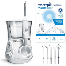 Waterpik Ultra Professional: Іригатор для порожнини рота, тестування 2024, технологія Precision Pulse, сертифікат TÜV, видалення нальоту до 99,9%, 6 насадок, 10 режимів, таймер, білий