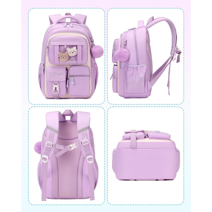 Дитячий рюкзак для школи DivingBirds для дівчаток 2-7 клас, 22L | Легкий, з дихаючим вкладишем спинки та м'якими лямками | Рюкзак для підлітка 7-10 років (фіолетовий)