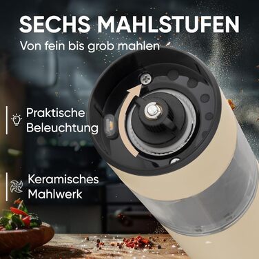 Electric Pepper and Salt Mill Set - 45 ml Beige Edition - USB-C Rechargeable - 6 Adjustable Grind Sizes - Stylish Beige Stainless Steel Design with LED Lamp