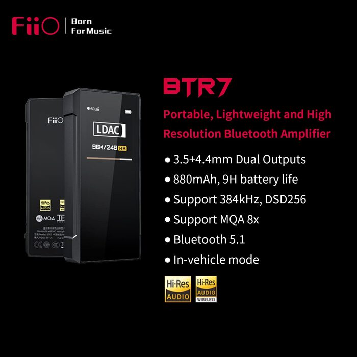 FiiO BTR7: Bluetooth ресивер та підсилювач навушників, DAC, Hi-Res Audio, MQA, LDAC, aptX HD, 384kHz/32bit, DSD256, CVC 8.0 для телефону, ПК, авто, домашньої аудіосистеми