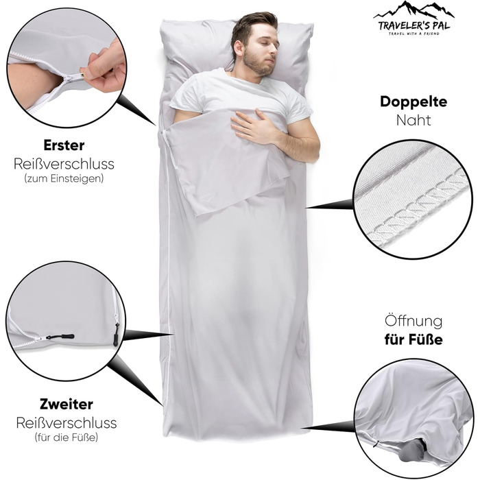 Traveler's Pal Hüttenschlafsack made from 100% Duraweave - Sleeping bag with side and foot zipper - Lightweight and thin liner summer sleeping bag, breathable and skin-friendly