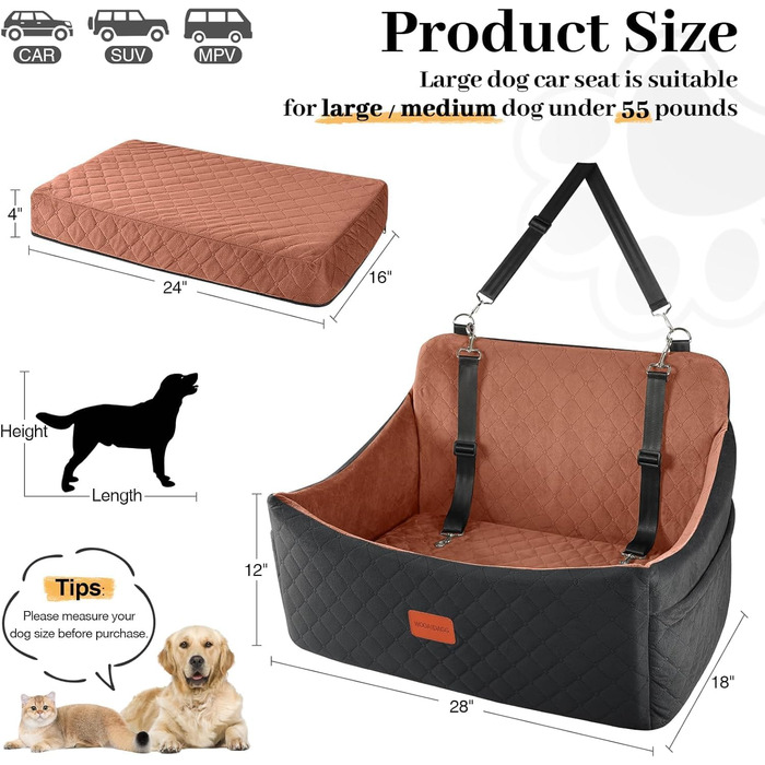 Wooaidagg Dog Car Seat for Medium & Large Dogs - Washable Memory Foam Pet Bed with 2 Leashes (Black/Brown)