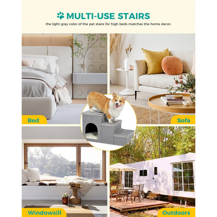 PETEPELA Folding Dog Stairs, 3 Steps, Pet Stairs for Small Dogs with Storage Space, 3 Steps to Couch
