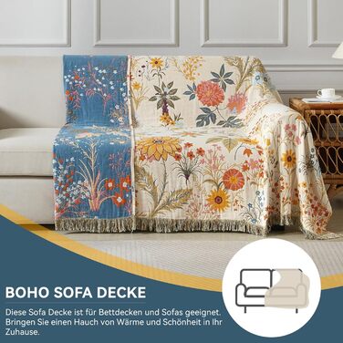 Богемна ковдра Boho 100% бавовна, м'яка ковдра з мусліну, плед 150x200 см, ковдра на диван та ліжко, декоративна ковдра, літня ковдра для вітальні, зелено-бежева (200 x 230 см, квітковий сад)