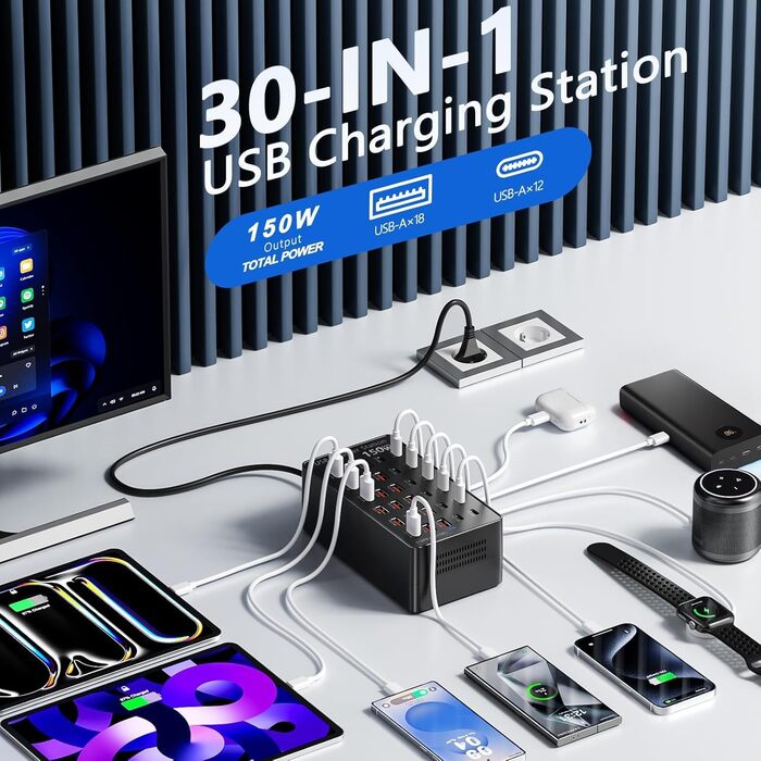 USB-станція зарядки 30 портів 150W USB-C, хаб для iPhone/Samsung/Pixel/планшетів. Мережевий адаптер живлення