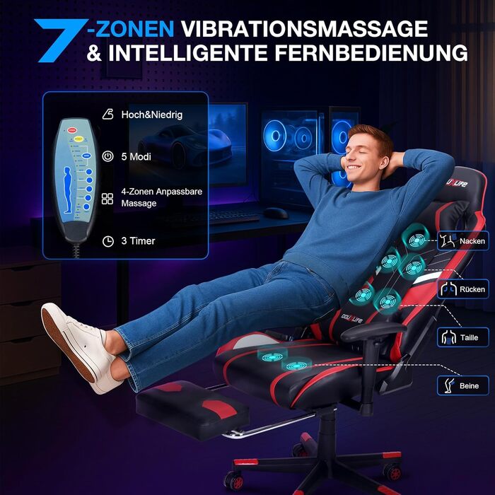 Ігровий крісло Douxlife з 7-точковим масажем, підніжкою, ергономічний офісний крісло, регулювання спинки 90-175°, регульовані 2D підлокітники, для ПК, 150-180 кг, чорно-червоний