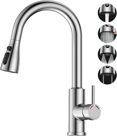 Змішувач кухонний висувний з високим напором, 360° обертання, 4 режими, нержавіюча сталь, ABS-розпилювач, для одного отвору, G3/8 з'єднання (тільки для ЄС)